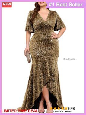 Plus Size Sequin Formal Evening Dress V Neck Ruffle Sleeve High Low Mermaid